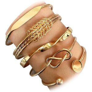 Trendy 5-Piece Gold Cuff Bracelet Set – Adjustable Minimalist Bangles for Women